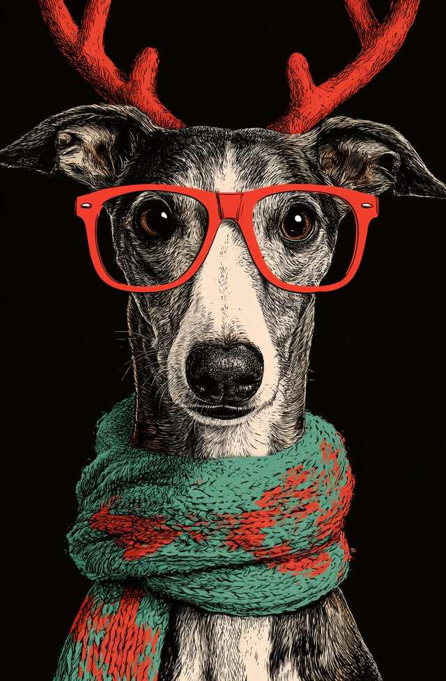 戴红框眼镜、鹿角与绿色针织围巾的惠比特犬圣诞肖像，手绘复古插画风