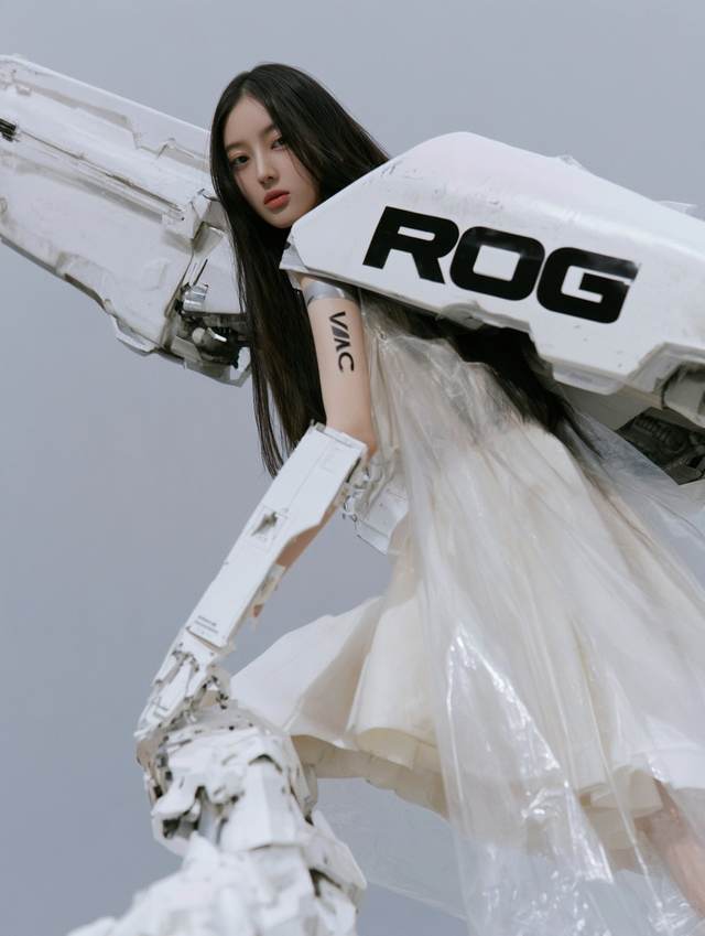 未来主义机甲少女，背负白色机械翼，赛博朋克风概念摄影