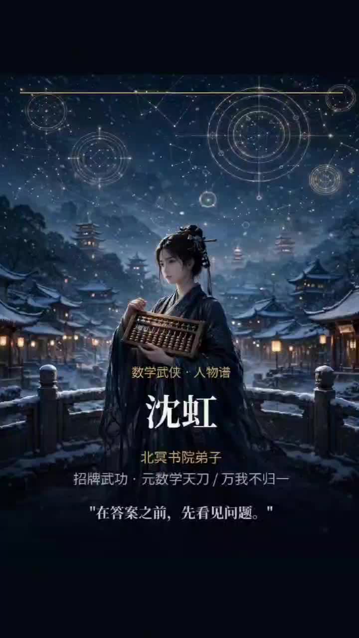 星夜古城中,沈虹手持算盘,身后浮现几何圆环与数学符号。